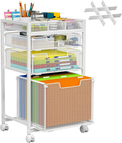 Rolling File Cart with 3 Storage Drawers, Under Desk Filing Cabinet with DIY Divider, Hanging File Folder Organizer on Wheels, Fits A4/Letter Size, Metal Utility Cart for Home Office, Black