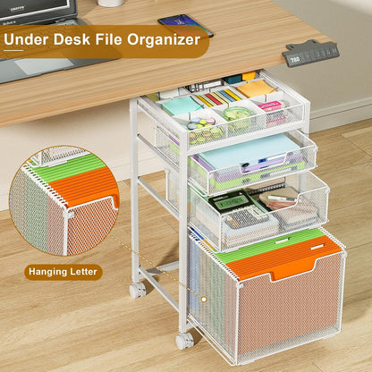 Rolling File Cart with 3 Storage Drawers, Under Desk Filing Cabinet with DIY Divider, Hanging File Folder Organizer on Wheels, Fits A4/Letter Size, Metal Utility Cart for Home Office, Black