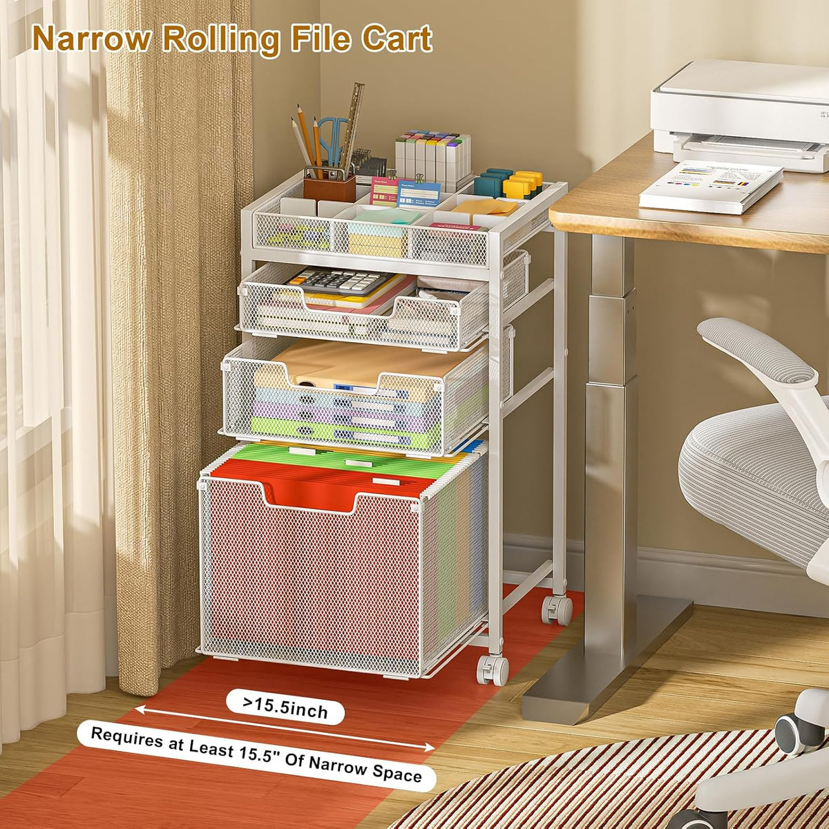 Rolling File Cart with 3 Storage Drawers, Under Desk Filing Cabinet with DIY Divider, Hanging File Folder Organizer on Wheels, Fits A4/Letter Size, Metal Utility Cart for Home Office, Black