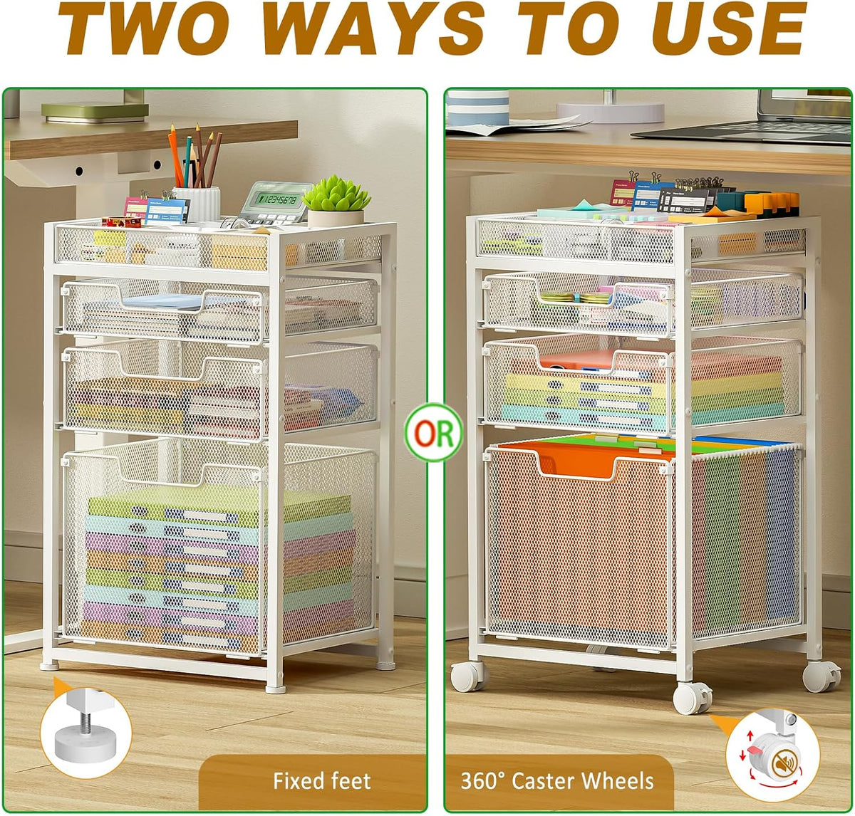 Rolling File Cart with 3 Storage Drawers, Under Desk Filing Cabinet with DIY Divider, Hanging File Folder Organizer on Wheels, Fits A4/Letter Size, Metal Utility Cart for Home Office, Black