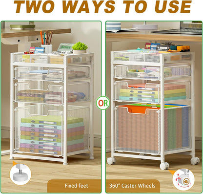 Rolling File Cart with 3 Storage Drawers, Under Desk Filing Cabinet with DIY Divider, Hanging File Folder Organizer on Wheels, Fits A4/Letter Size, Metal Utility Cart for Home Office, Black