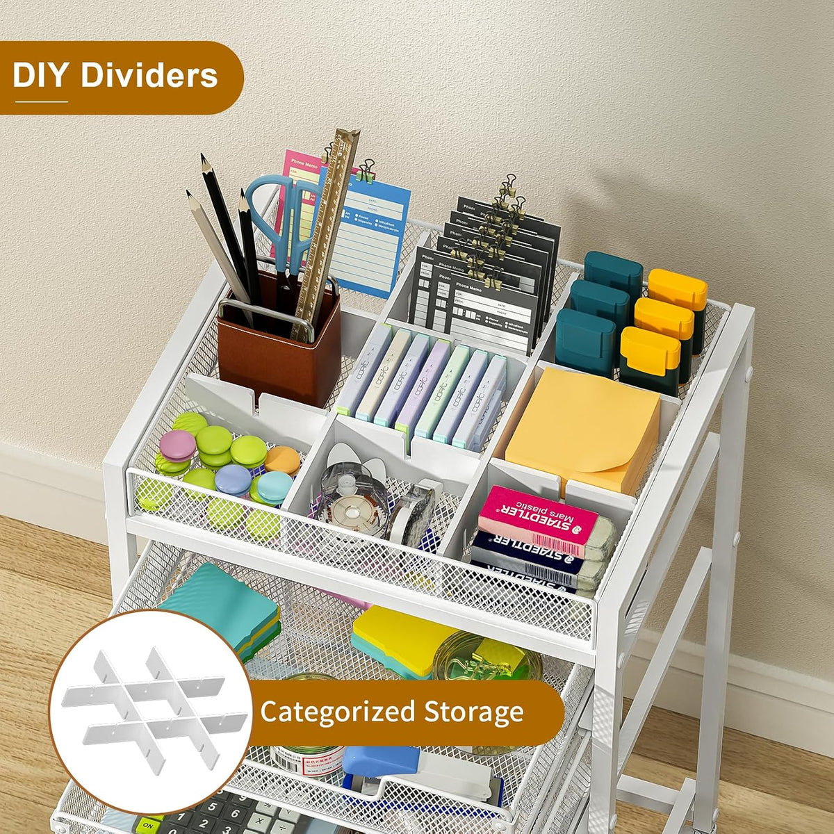 Rolling File Cart with 3 Storage Drawers, Under Desk Filing Cabinet with DIY Divider, Hanging File Folder Organizer on Wheels, Fits A4/Letter Size, Metal Utility Cart for Home Office, Black
