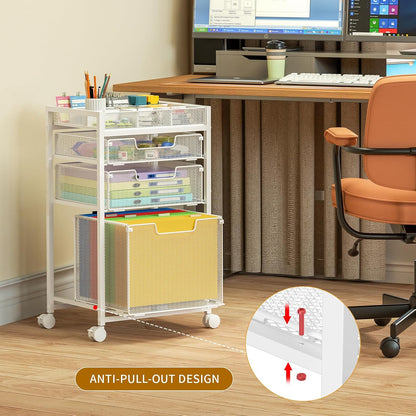 Rolling File Cart with 3 Storage Drawers, Under Desk Filing Cabinet with DIY Divider, Hanging File Folder Organizer on Wheels, Fits A4/Letter Size, Metal Utility Cart for Home Office, Black