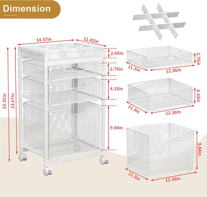 Rolling File Cart with 3 Storage Drawers, Under Desk Filing Cabinet with DIY Divider, Hanging File Folder Organizer on Wheels, Fits A4/Letter Size, Metal Utility Cart for Home Office, Black