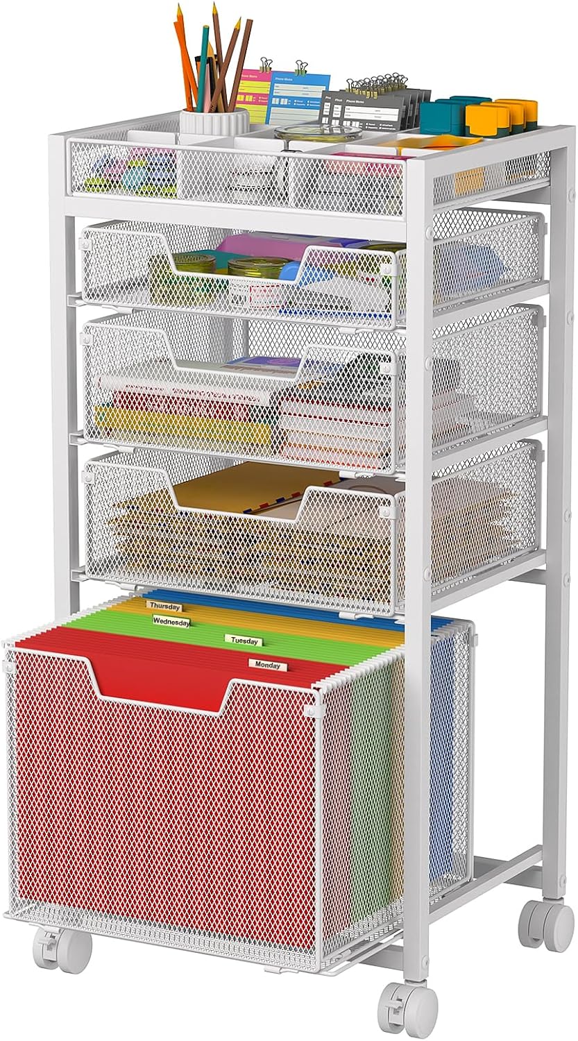Rolling File Cart with 3 Storage Drawers, Under Desk Filing Cabinet with DIY Divider, Hanging File Folder Organizer on Wheels, Fits A4/Letter Size, Metal Utility Cart for Home Office, Black