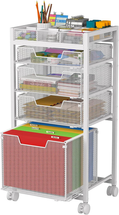 Rolling File Cart with 3 Storage Drawers, Under Desk Filing Cabinet with DIY Divider, Hanging File Folder Organizer on Wheels, Fits A4/Letter Size, Metal Utility Cart for Home Office, Black