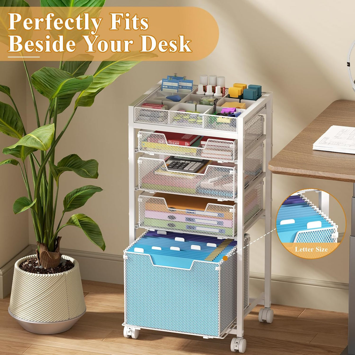 Rolling File Cart with 3 Storage Drawers, Under Desk Filing Cabinet with DIY Divider, Hanging File Folder Organizer on Wheels, Fits A4/Letter Size, Metal Utility Cart for Home Office, Black