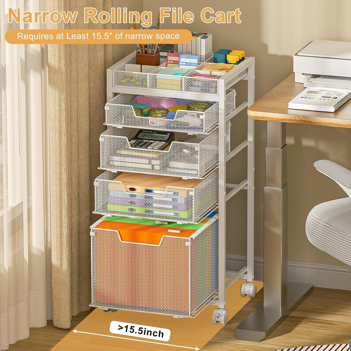 Rolling File Cart with 3 Storage Drawers, Under Desk Filing Cabinet with DIY Divider, Hanging File Folder Organizer on Wheels, Fits A4/Letter Size, Metal Utility Cart for Home Office, Black