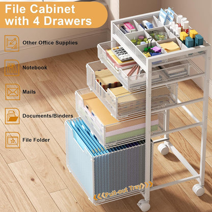 Rolling File Cart with 3 Storage Drawers, Under Desk Filing Cabinet with DIY Divider, Hanging File Folder Organizer on Wheels, Fits A4/Letter Size, Metal Utility Cart for Home Office, Black