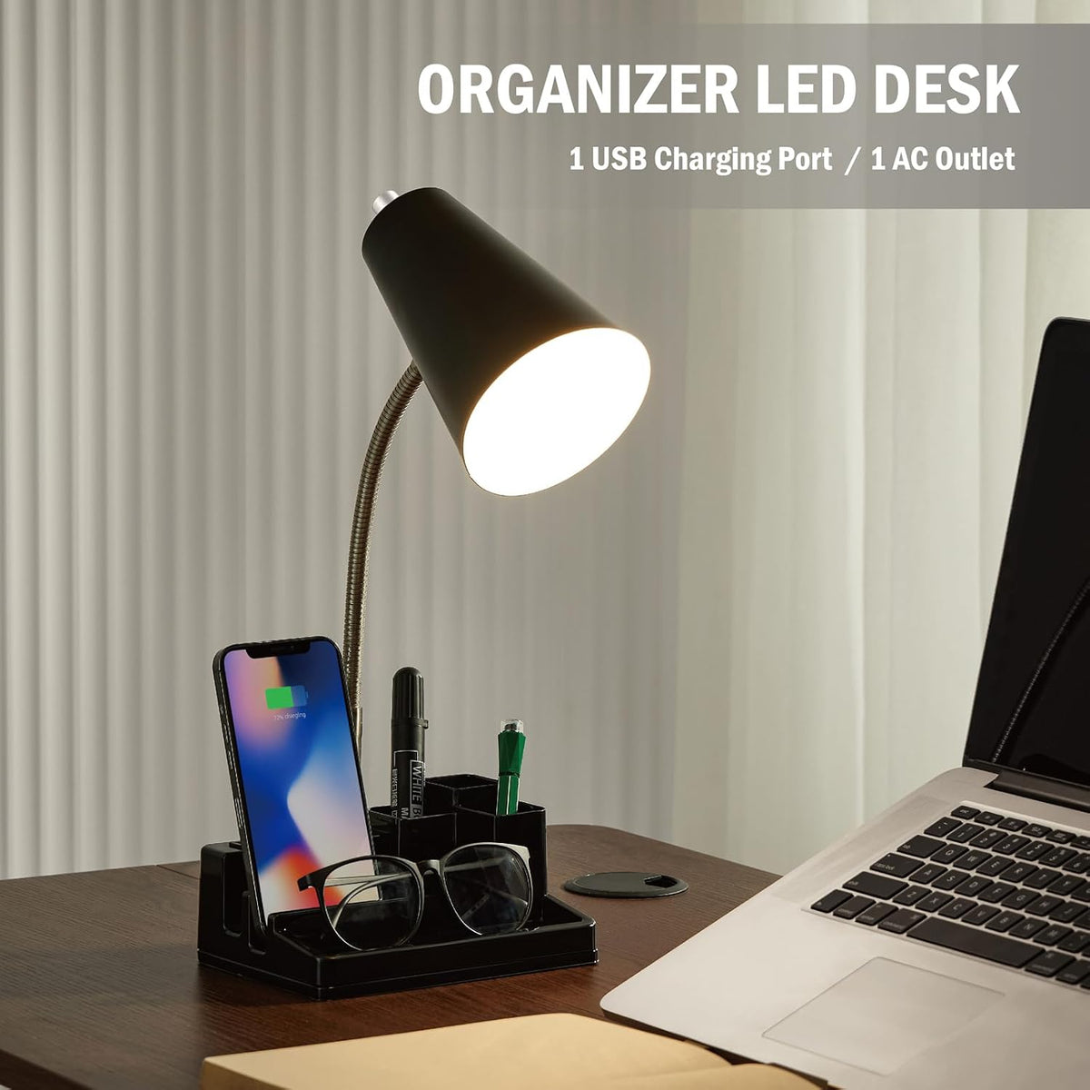 E26 Desk Lamp with 1 USB Charging Port and 1 AC Outlet, Organizer Base, Adjustable Neck, On/Off Switch, Modern Table Lamp for Reading, Working, Studying (White)