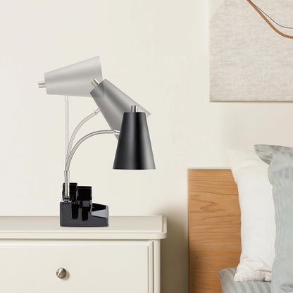 E26 Desk Lamp with 1 USB Charging Port and 1 AC Outlet, Organizer Base, Adjustable Neck, On/Off Switch, Modern Table Lamp for Reading, Working, Studying (White)