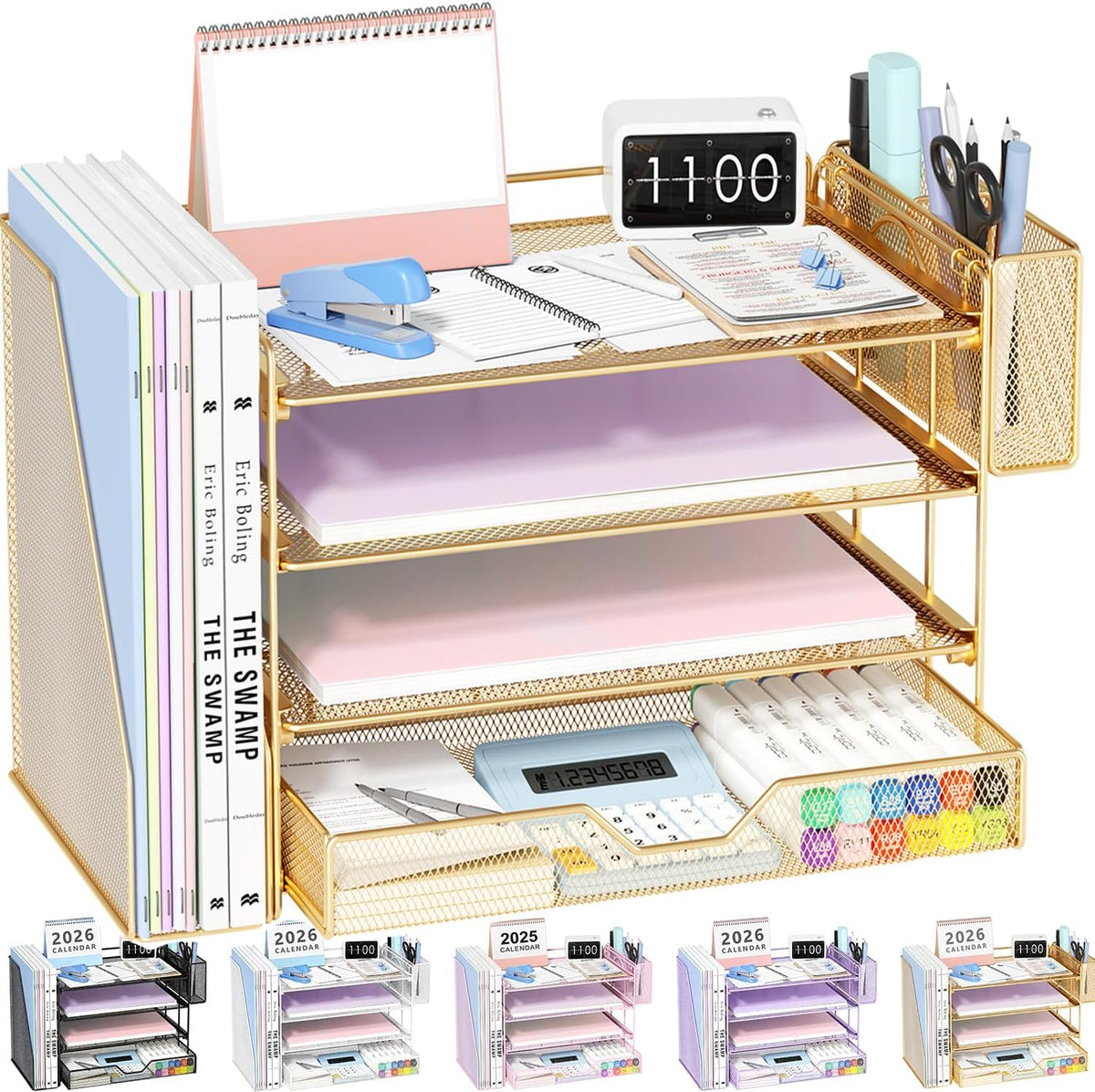 Desk Organizers and Accessories, 4-Tier Desktop File Organizer with Drawer and Pen Holders, Office Desk Accessories Workspace Organizers for Office Supplies (Gold)