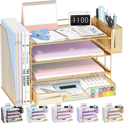 Desk Organizers and Accessories, 4-Tier Desktop File Organizer with Drawer and Pen Holders, Office Desk Accessories Workspace Organizers for Office Supplies (Gold)