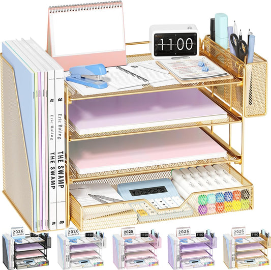 Desk Organizers and Accessories, 4-Tier Desktop File Organizer with Drawer and Pen Holders, Office Desk Accessories Workspace Organizers for Office Supplies (Gold)