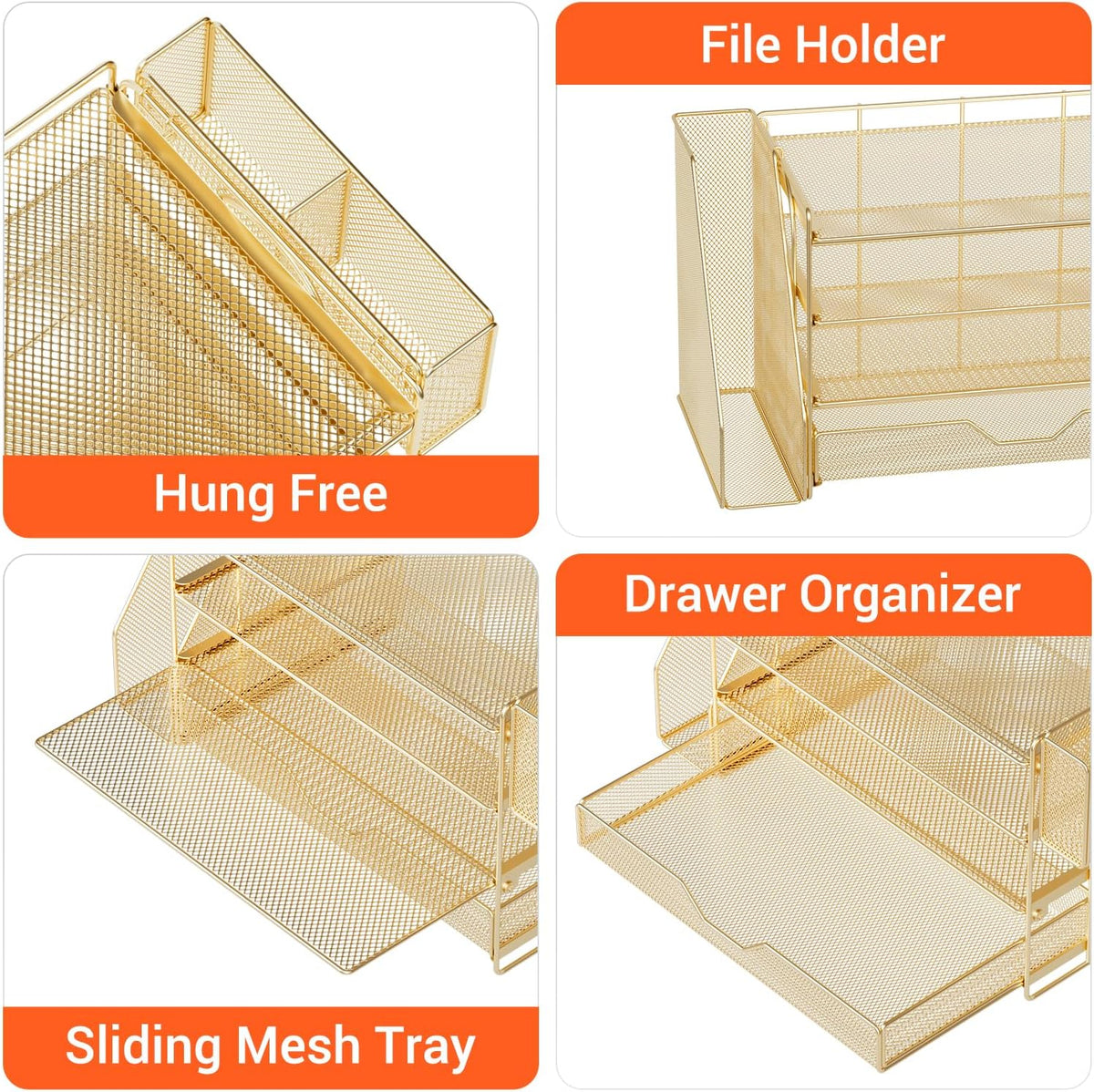 Desk Organizers and Accessories, 4-Tier Desktop File Organizer with Drawer and Pen Holders, Office Desk Accessories Workspace Organizers for Office Supplies (Gold)