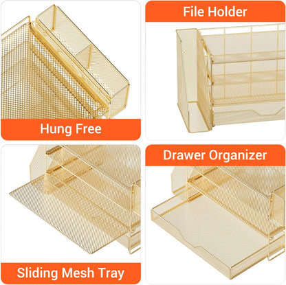 Desk Organizers and Accessories, 4-Tier Desktop File Organizer with Drawer and Pen Holders, Office Desk Accessories Workspace Organizers for Office Supplies (Gold)