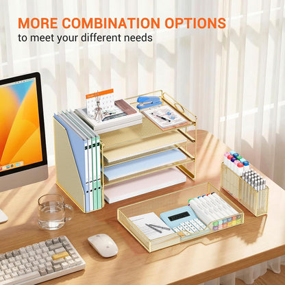 Desk Organizers and Accessories, 4-Tier Desktop File Organizer with Drawer and Pen Holders, Office Desk Accessories Workspace Organizers for Office Supplies (Gold)