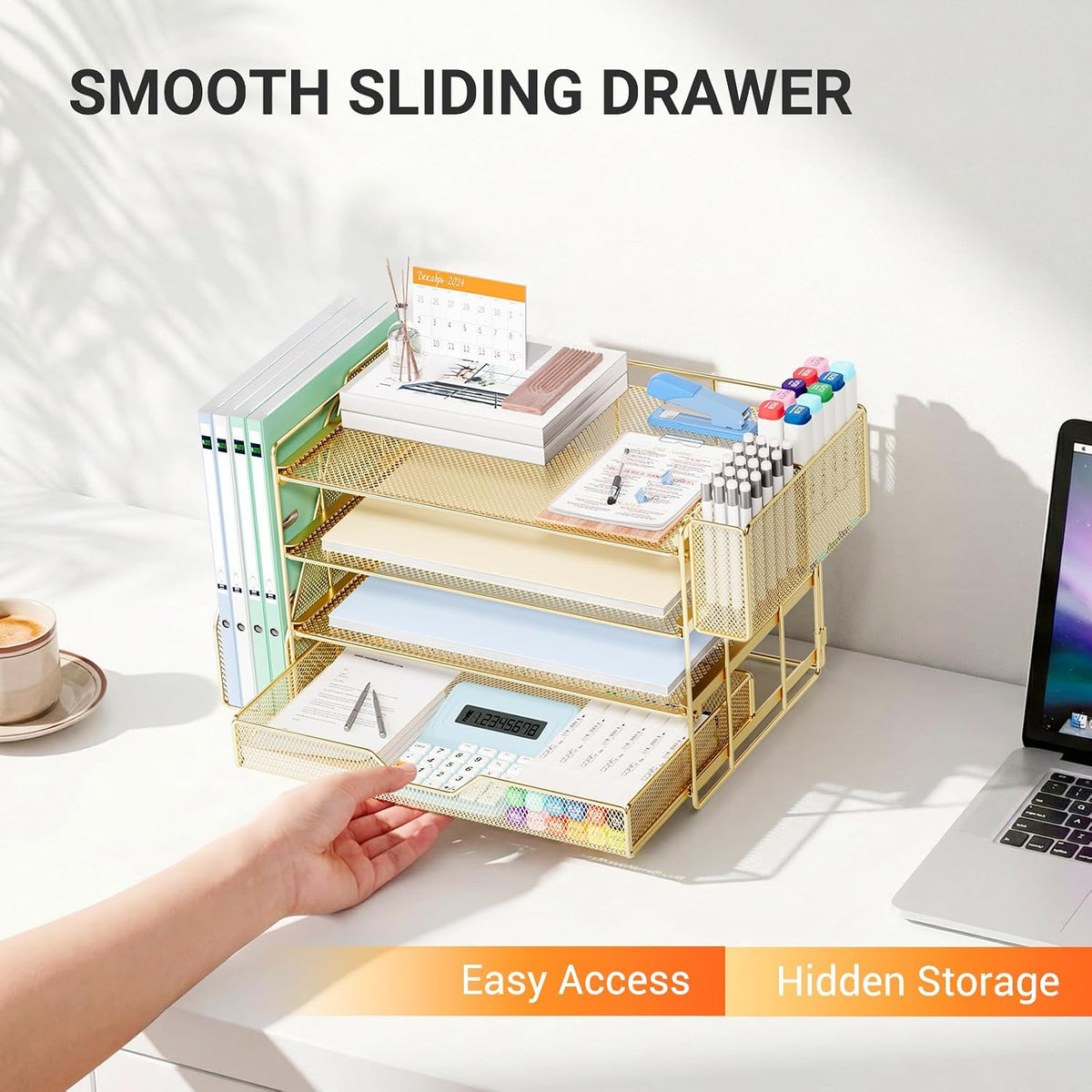 Desk Organizers and Accessories, 4-Tier Desktop File Organizer with Drawer and Pen Holders, Office Desk Accessories Workspace Organizers for Office Supplies (Gold)