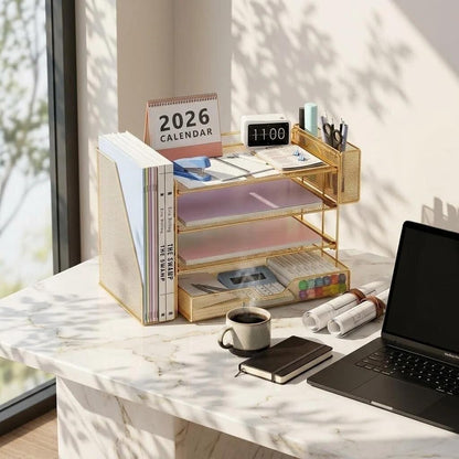 Desk Organizers and Accessories, 4-Tier Desktop File Organizer with Drawer and Pen Holders, Office Desk Accessories Workspace Organizers for Office Supplies (Gold)