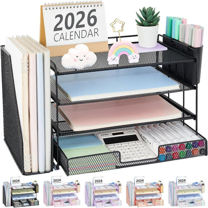 Desk Organizers and Accessories, 4-Tier Desktop File Organizer with Drawer and Pen Holders, Office Desk Accessories Workspace Organizers for Office Supplies (Gold)