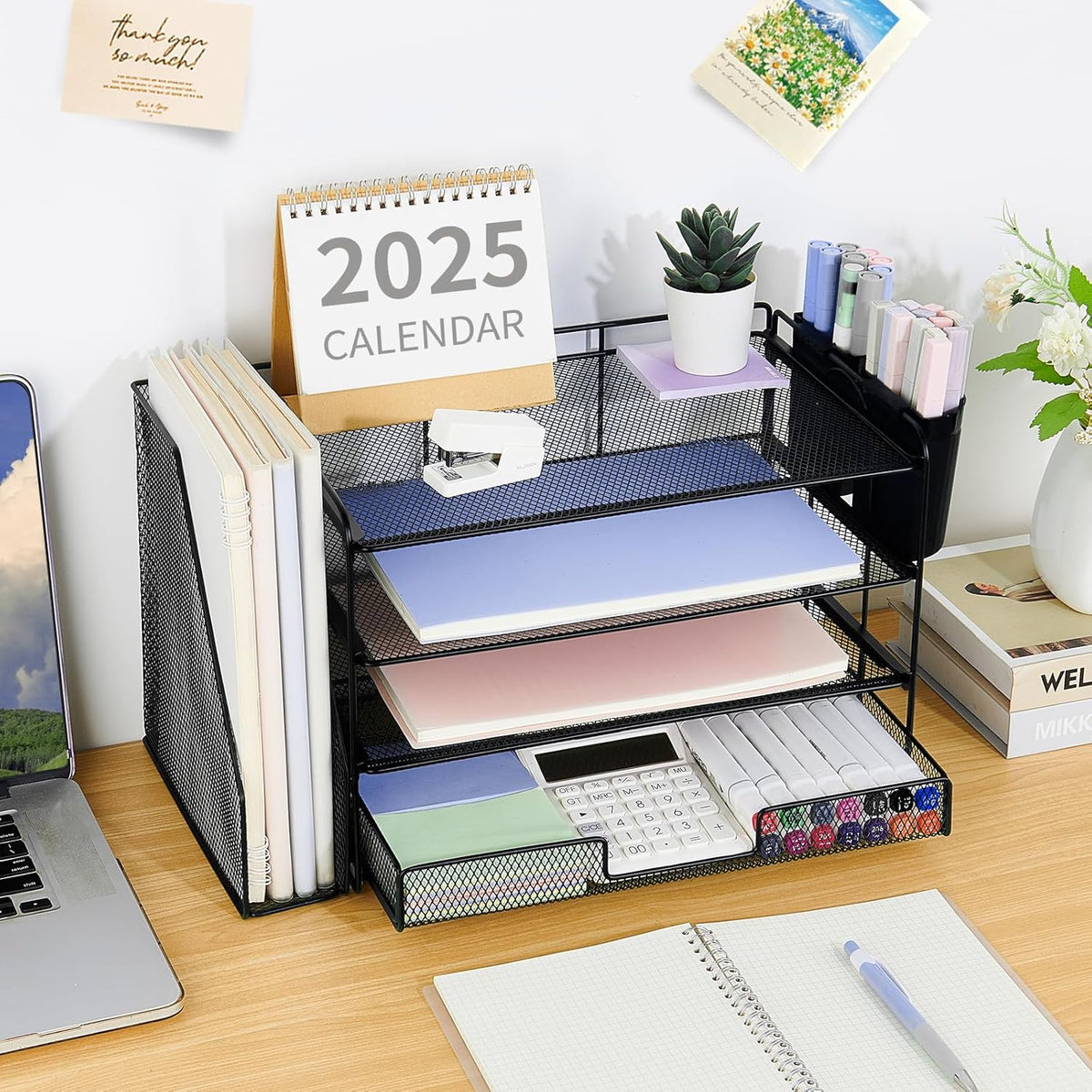 Desk Organizers and Accessories, 4-Tier Desktop File Organizer with Drawer and Pen Holders, Office Desk Accessories Workspace Organizers for Office Supplies (Gold)