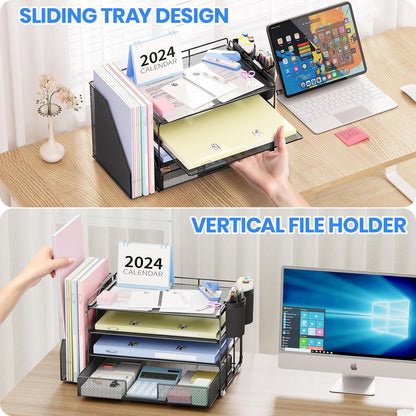Desk Organizers and Accessories, 4-Tier Desktop File Organizer with Drawer and Pen Holders, Office Desk Accessories Workspace Organizers for Office Supplies (Gold)