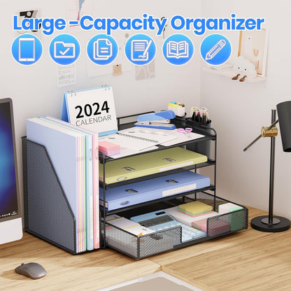 Desk Organizers and Accessories, 4-Tier Desktop File Organizer with Drawer and Pen Holders, Office Desk Accessories Workspace Organizers for Office Supplies (Gold)