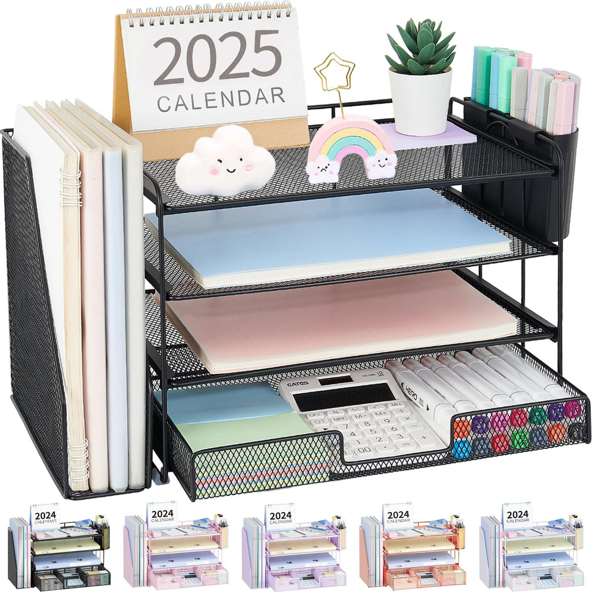 Desk Organizers and Accessories, 4-Tier Desktop File Organizer with Drawer and Pen Holders, Office Desk Accessories Workspace Organizers for Office Supplies (Gold)