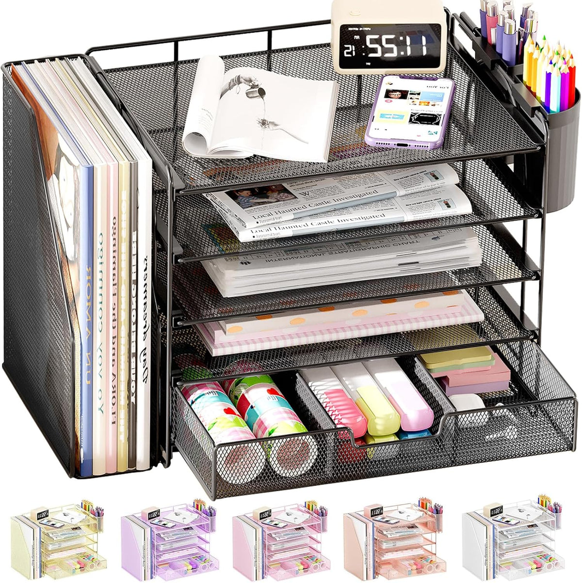 Desk Organizers and Accessories, 4-Tier Desktop File Organizer with Drawer and Pen Holders, Office Desk Accessories Workspace Organizers for Office Supplies (Gold)