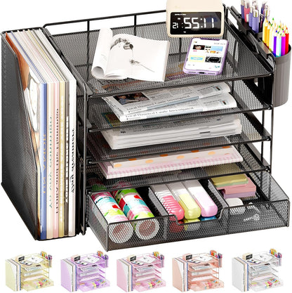 Desk Organizers and Accessories, 4-Tier Desktop File Organizer with Drawer and Pen Holders, Office Desk Accessories Workspace Organizers for Office Supplies (Gold)