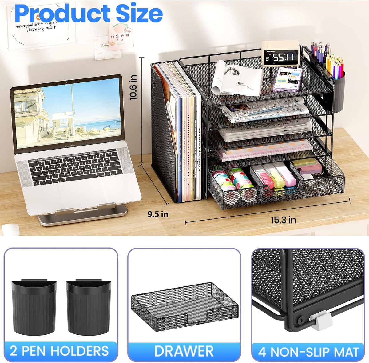 Desk Organizers and Accessories, 4-Tier Desktop File Organizer with Drawer and Pen Holders, Office Desk Accessories Workspace Organizers for Office Supplies (Gold)