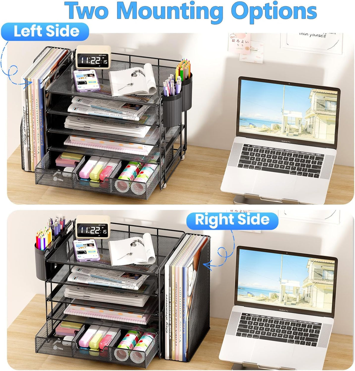 Desk Organizers and Accessories, 4-Tier Desktop File Organizer with Drawer and Pen Holders, Office Desk Accessories Workspace Organizers for Office Supplies (Gold)