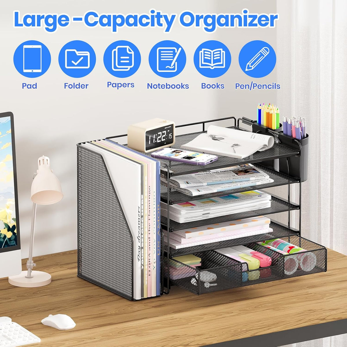 Desk Organizers and Accessories, 4-Tier Desktop File Organizer with Drawer and Pen Holders, Office Desk Accessories Workspace Organizers for Office Supplies (Gold)