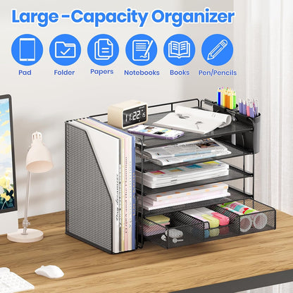Desk Organizers and Accessories, 4-Tier Desktop File Organizer with Drawer and Pen Holders, Office Desk Accessories Workspace Organizers for Office Supplies (Gold)
