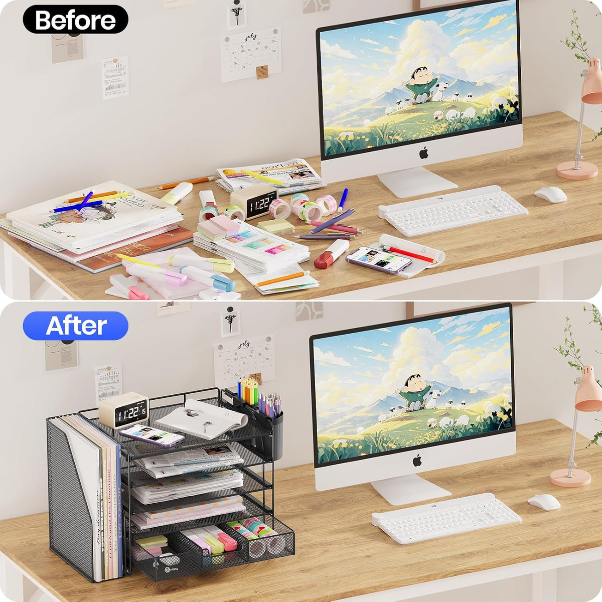 Desk Organizers and Accessories, 4-Tier Desktop File Organizer with Drawer and Pen Holders, Office Desk Accessories Workspace Organizers for Office Supplies (Gold)