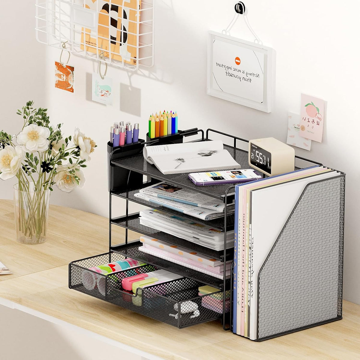 Desk Organizers and Accessories, 4-Tier Desktop File Organizer with Drawer and Pen Holders, Office Desk Accessories Workspace Organizers for Office Supplies (Gold)