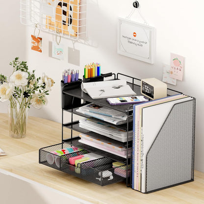 Desk Organizers and Accessories, 4-Tier Desktop File Organizer with Drawer and Pen Holders, Office Desk Accessories Workspace Organizers for Office Supplies (Gold)