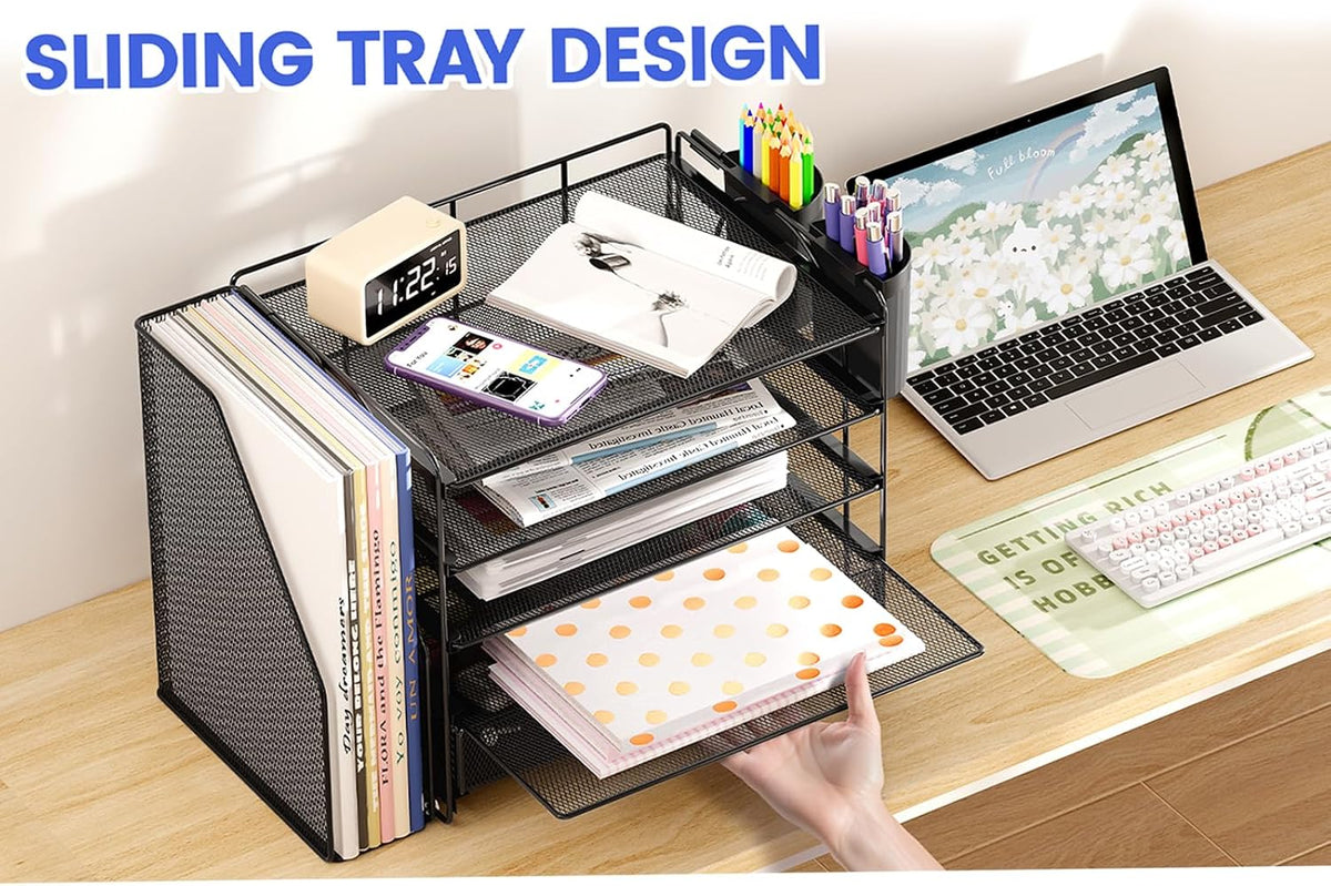 Desk Organizers and Accessories, 4-Tier Desktop File Organizer with Drawer and Pen Holders, Office Desk Accessories Workspace Organizers for Office Supplies (Gold)