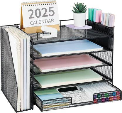 Desk Organizers and Accessories, 4-Tier Desktop File Organizer with Drawer and Pen Holders, Office Desk Accessories Workspace Organizers for Office Supplies (Gold)