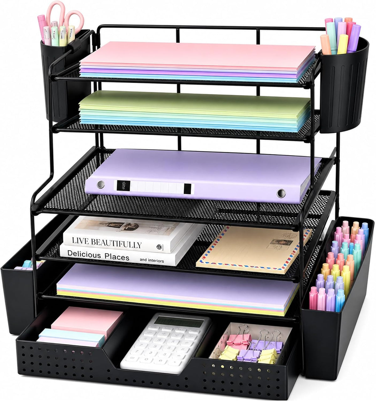 Desk Organizers and Accessories, 4-Tier Desktop File Organizer with Drawer and Pen Holders, Office Desk Accessories Workspace Organizers for Office Supplies (Gold)