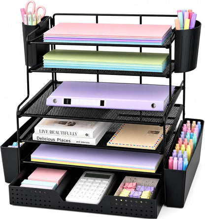 Desk Organizers and Accessories, 4-Tier Desktop File Organizer with Drawer and Pen Holders, Office Desk Accessories Workspace Organizers for Office Supplies (Gold)