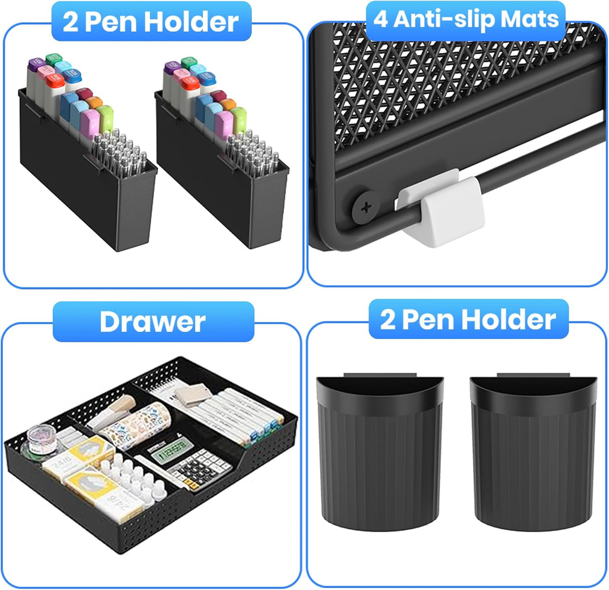 Desk Organizers and Accessories, 4-Tier Desktop File Organizer with Drawer and Pen Holders, Office Desk Accessories Workspace Organizers for Office Supplies (Gold)