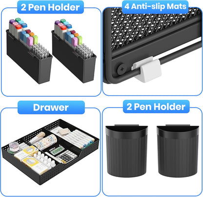Desk Organizers and Accessories, 4-Tier Desktop File Organizer with Drawer and Pen Holders, Office Desk Accessories Workspace Organizers for Office Supplies (Gold)