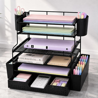 Desk Organizers and Accessories, 4-Tier Desktop File Organizer with Drawer and Pen Holders, Office Desk Accessories Workspace Organizers for Office Supplies (Gold)