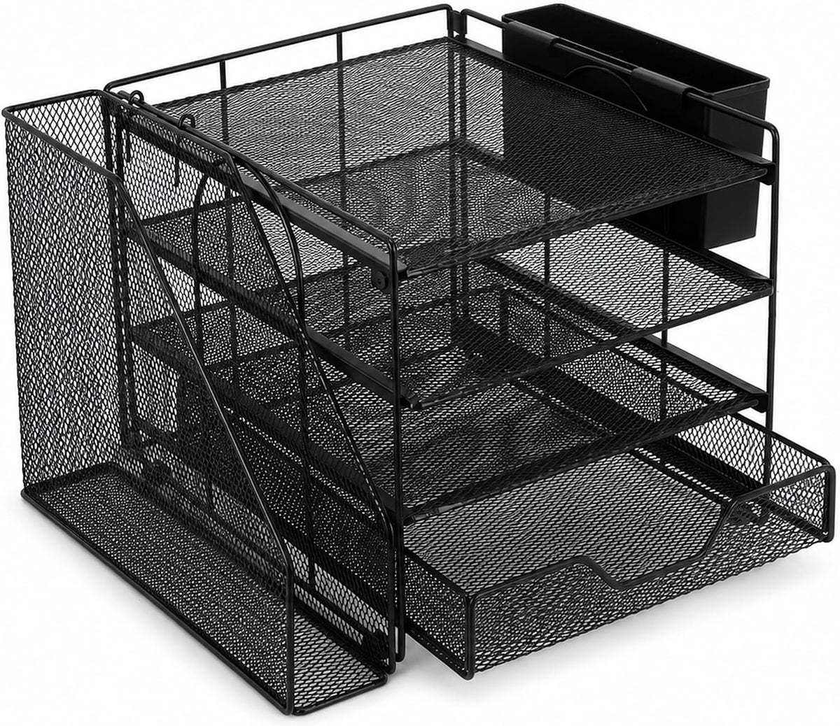 Desk Organizers and Accessories, 4-Tier Desktop File Organizer with Drawer and Pen Holders, Office Desk Accessories Workspace Organizers for Office Supplies (Gold)