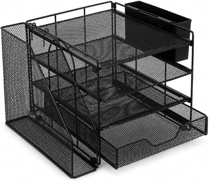 Desk Organizers and Accessories, 4-Tier Desktop File Organizer with Drawer and Pen Holders, Office Desk Accessories Workspace Organizers for Office Supplies (Gold)