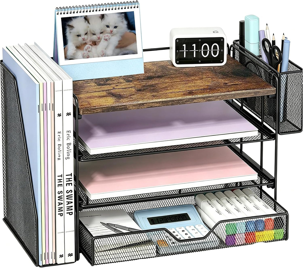 Desk Organizers and Accessories, 4-Tier Desktop File Organizer with Drawer and Pen Holders, Office Desk Accessories Workspace Organizers for Office Supplies (Gold)