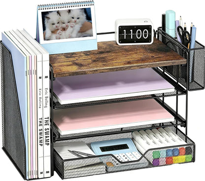 Desk Organizers and Accessories, 4-Tier Desktop File Organizer with Drawer and Pen Holders, Office Desk Accessories Workspace Organizers for Office Supplies (Gold)