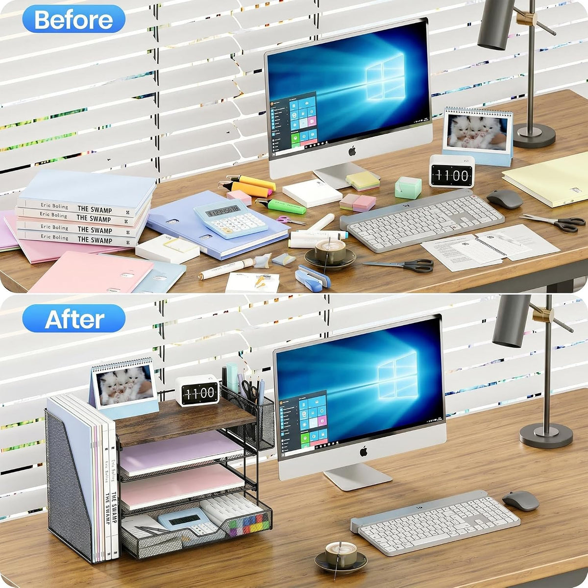 Desk Organizers and Accessories, 4-Tier Desktop File Organizer with Drawer and Pen Holders, Office Desk Accessories Workspace Organizers for Office Supplies (Gold)