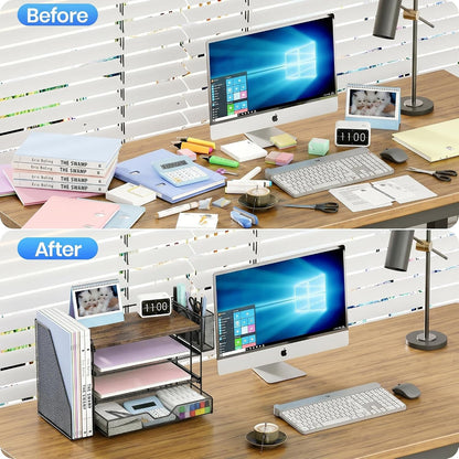 Desk Organizers and Accessories, 4-Tier Desktop File Organizer with Drawer and Pen Holders, Office Desk Accessories Workspace Organizers for Office Supplies (Gold)